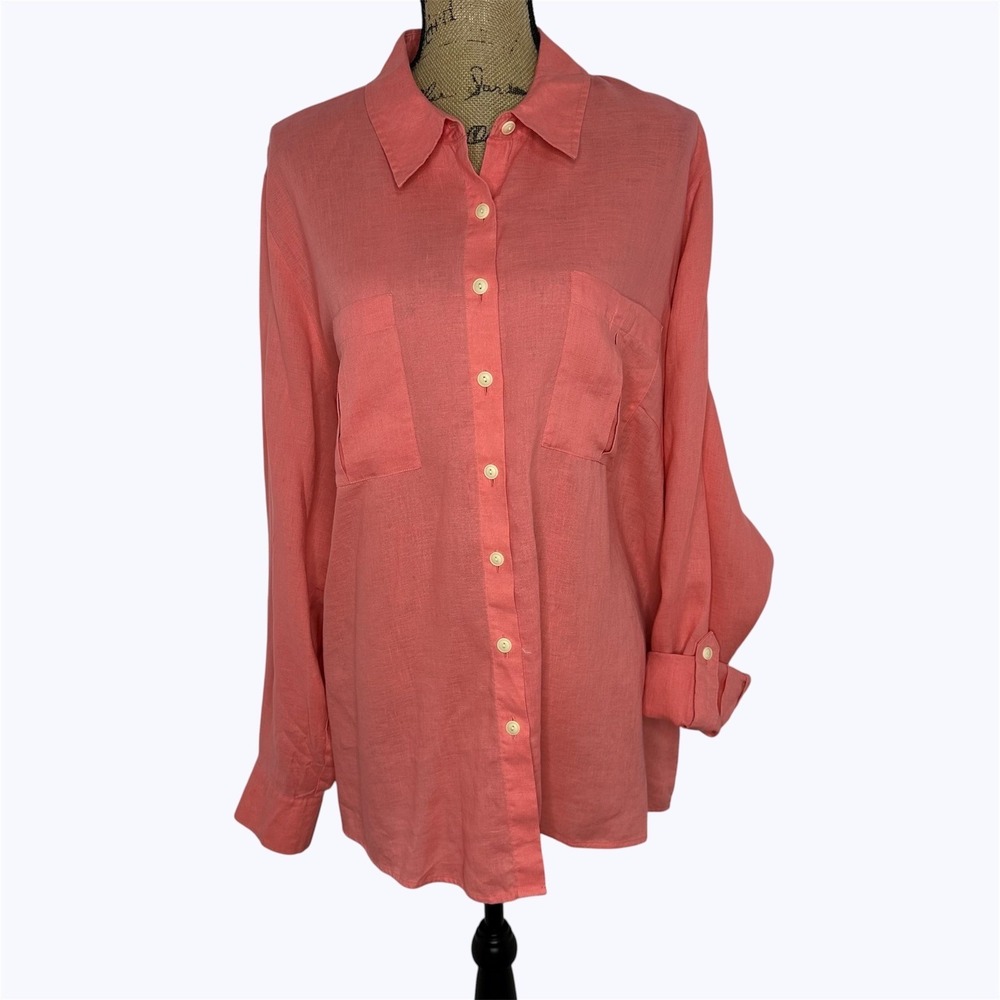 Investments Woman Gold Label 100% Linen Button Up Shirt Coral Roll Tab Sz 22W
